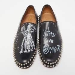 Christian Louboutin Black Leather Printed Spiked Loafers Size 42