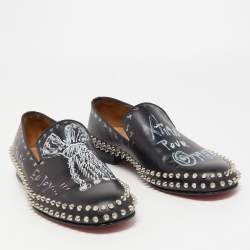 Christian Louboutin Black Leather Printed Spiked Loafers Size 42