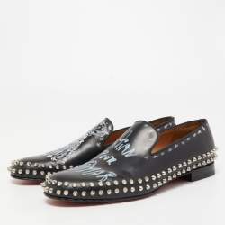 Christian Louboutin Black Leather Printed Spiked Loafers Size 42