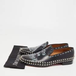 Christian Louboutin Black Leather Printed Spiked Loafers Size 42