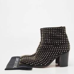 Christian Louboutin Black Suede Spikes Block Heel Ankle Boots Size 42.5