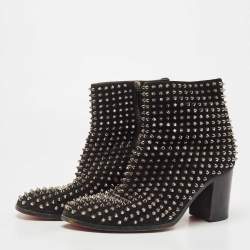 Christian Louboutin Black Suede Spikes Block Heel Ankle Boots Size 42.5