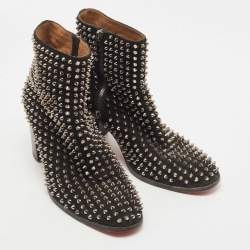 Christian Louboutin Black Suede Spikes Block Heel Ankle Boots Size 42.5