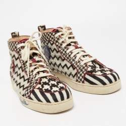 مملوكة مسبقًا Christian Louboutin Black/White Printed Calf Hair Rantus Orlato High Top Sneakers Size 43
