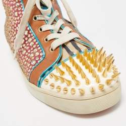 Pre Owned Christian Louboutin Multicolor Crystal Embellished Suede, Leopard Print Calf Hair and Leather No Limit Spikes Sneakers Size 42