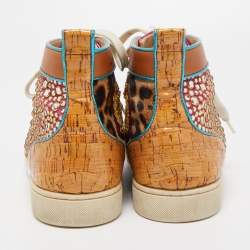 Pre Owned Christian Louboutin Multicolor Crystal Embellished Suede, Leopard Print Calf Hair and Leather No Limit Spikes Sneakers Size 42