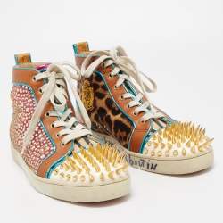 Pre Owned Christian Louboutin Multicolor Crystal Embellished Suede, Leopard Print Calf Hair and Leather No Limit Spikes Sneakers Size 42