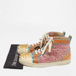Pre Owned Christian Louboutin Multicolor Crystal Embellished Suede, Leopard Print Calf Hair and Leather No Limit Spikes Sneakers Size 42