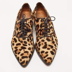 Pre Owned Christian Louboutin Brown/Beige Leopard Print Calf Hair Zazou Oxfords Size 41.5