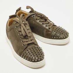 Christian Louboutin Army Green Leather and Canvas Louis Junior Spike Sneakers Size 42