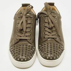 Christian Louboutin Army Green Leather and Canvas Louis Junior Spike Sneakers Size 42