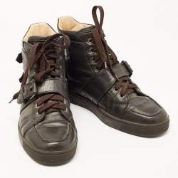 Christian Louboutin Dark Brown Leather Buckle Detail High Top Sneakers Size 40