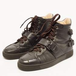 Christian Louboutin Dark Brown Leather Buckle Detail High Top Sneakers Size 40