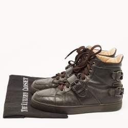 Christian Louboutin Dark Brown Leather Buckle Detail High Top Sneakers Size 40