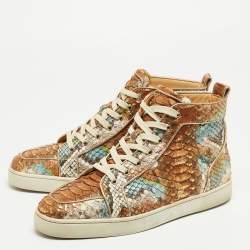 Pre Owned Christian Louboutin Metallic Mustard/Brown Python Leather Rantus Orlato High-Top Sneakers Size 45