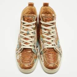Pre Owned Christian Louboutin Metallic Mustard/Brown Python Leather Rantus Orlato High-Top Sneakers Size 45