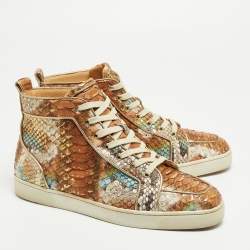 Pre Owned Christian Louboutin Metallic Mustard/Brown Python Leather Rantus Orlato High-Top Sneakers Size 45