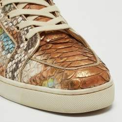 Pre Owned Christian Louboutin Metallic Mustard/Brown Python Leather Rantus Orlato High-Top Sneakers Size 45