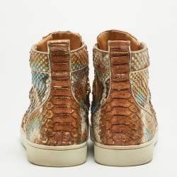 Pre Owned Christian Louboutin Metallic Mustard/Brown Python Leather Rantus Orlato High-Top Sneakers Size 45