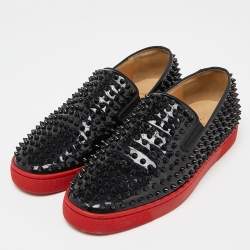 مملوكة مسبقًا Christian Louboutin Black Patent Denim Roller Boat Spike Sneakers Size 42.5