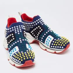 مملوكة مسبقًا Christian Louboutin Navy Blue Fabric Spike Sock Sneakers Size 41