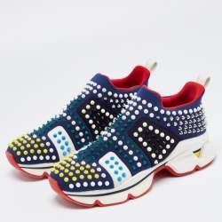 مملوكة مسبقًا Christian Louboutin Navy Blue Fabric Spike Sock Sneakers Size 41