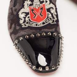 Pre Owned Christian Louboutin Black/Grey Camoflauge Felt and Patent Leather Loubi Forever Spike Loafers Size 41