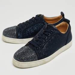 Pre Owned Christian Louboutin Navy Blue Lurex Fabric and Crystal Embellished Cap Toe Louis Junior Sneakers Size 42.5