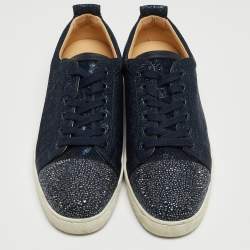 Pre Owned Christian Louboutin Navy Blue Lurex Fabric and Crystal Embellished Cap Toe Louis Junior Sneakers Size 42.5
