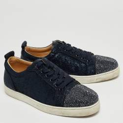 Pre Owned Christian Louboutin Navy Blue Lurex Fabric and Crystal Embellished Cap Toe Louis Junior Sneakers Size 42.5