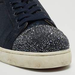 Pre Owned Christian Louboutin Navy Blue Lurex Fabric and Crystal Embellished Cap Toe Louis Junior Sneakers Size 42.5