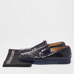 Pre Owned Christian Louboutin Black/Navy Blue Python Spike Pik Boat Sneakers Size 41.5