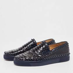 Pre Owned Christian Louboutin Black/Navy Blue Python Spike Pik Boat Sneakers Size 41.5