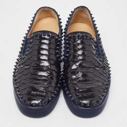 Pre Owned Christian Louboutin Black/Navy Blue Python Spike Pik Boat Sneakers Size 41.5