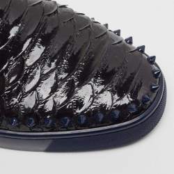 Pre Owned Christian Louboutin Black/Navy Blue Python Spike Pik Boat Sneakers Size 41.5