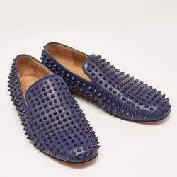 Pre Owned Christian Louboutin Navy Blue Leather Dandelion Spike Smoking Slippers Size 42.5