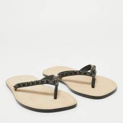 Christian Louboutin Black Leather Loubi Flip Spikes Thong Flat Slides Size 44
