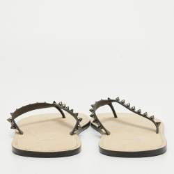 Christian Louboutin Black Leather Loubi Flip Spikes Thong Flat Slides Size 44