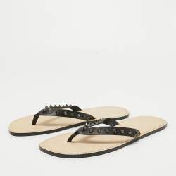 Christian Louboutin Black Leather Loubi Flip Spikes Thong Flat Slides Size 44