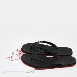 Pre Owned Christian Louboutin Black Rubber Flip Spikes Thong Flat Slides Size 46