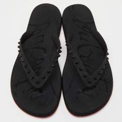 Pre Owned Christian Louboutin Black Rubber Flip Spikes Thong Flat Slides Size 46