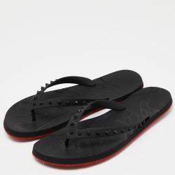 Pre Owned Christian Louboutin Black Rubber Flip Spikes Thong Flat Slides Size 46