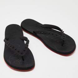 Pre Owned Christian Louboutin Black Rubber Flip Spikes Thong Flat Slides Size 46
