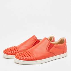 مملوكة مسبقًا Christian Louboutin Orange Leather Spikes Cap Toe Slip On Sneakers Size 42
