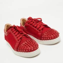 Christian Louboutin Red Mesh and Leather Vieira Spikes Low Top Sneakers Size 39