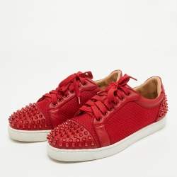 Christian Louboutin Red Mesh and Leather Vieira Spikes Low Top Sneakers Size 39
