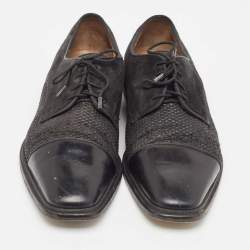 Christian Louboutin Black Suede Leather and Woven Raffia Greggo Cap Top Lace Derby Size 41