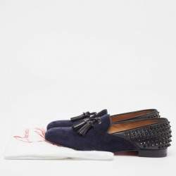 Pre Owned Christian Louboutin Navy Blue Velvet and Leather Tassilo Spike Loafers Size 42.5