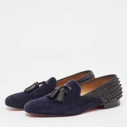 Pre Owned Christian Louboutin Navy Blue Velvet and Leather Tassilo Spike Loafers Size 42.5