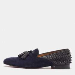 Pre Owned Christian Louboutin Navy Blue Velvet and Leather Tassilo Spike Loafers Size 42.5